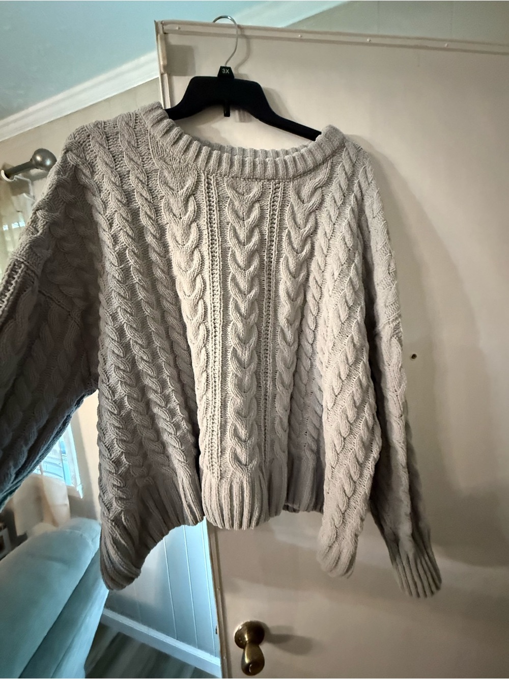 SO Light Gray Cable-Knit Crewneck Sweater